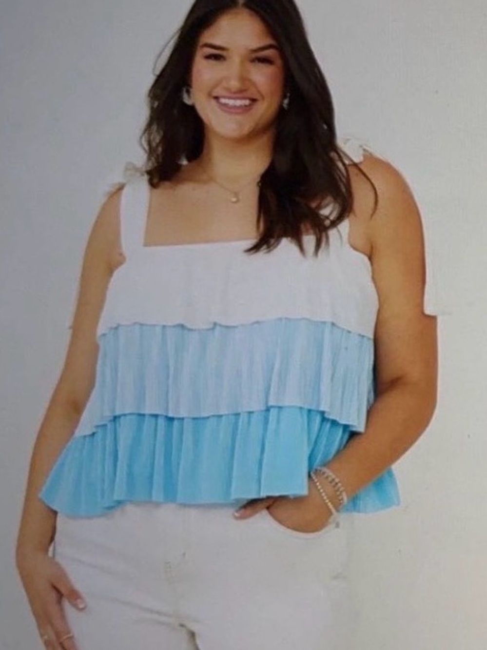 womens blue & white layered ruffle tie sleeve top - arula!